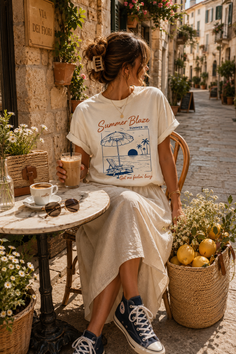 Woman sitting at an outdoor cafe table with iced coffee and a straw basket of lemons