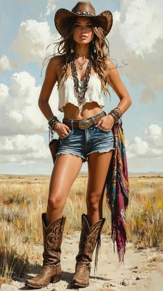 Woman in a cowboy hat, crop top, and denim shorts in a field