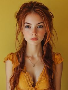 Woman with red hair and freckles wearing a yellow dress with cleavage