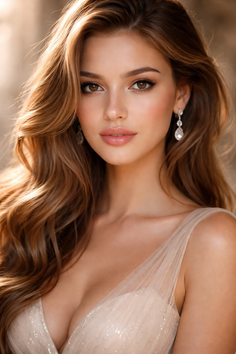 Woman with long wavy hair wearing a sparkly dress and diamond earrings