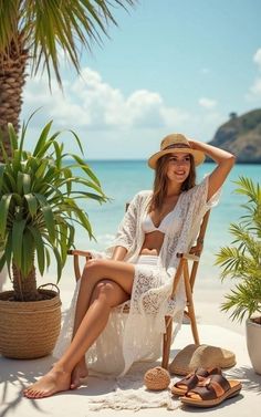 Woman in a white bikini and cover-up sitting on a beach chair