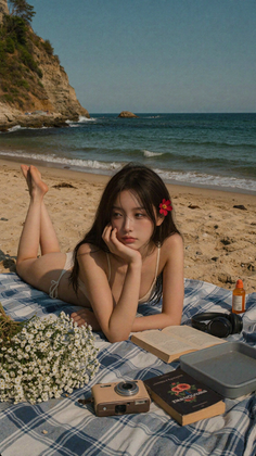 Woman in a bikini lying on a plaid blanket on a beach