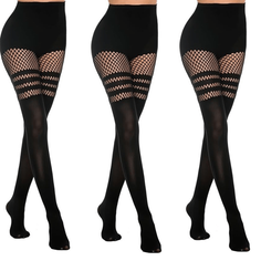 Three pairs of black thigh-high tights with fishnet and striped details