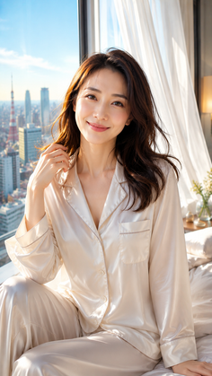 Woman in silk pajamas sitting by a window overlooking a cityscape