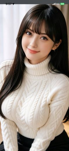 Woman with long black hair wearing a white cable knit turtleneck sweater