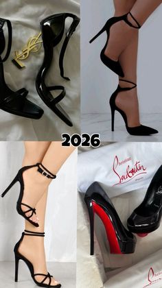 Collage of black high heels, including Christian Louboutin and YSL
