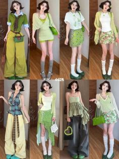 Multiple women in various green-themed outfits posing indoors