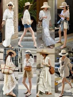 Multiple women in various summer outfits featuring straw hats and light-colored clothing