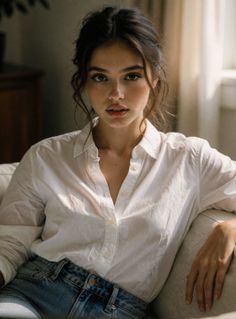 Woman with dark hair and freckles wearing a white shirt and denim jeans indoors