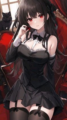 Anime girl with long black hair and red eyes in a black dress with a black cat