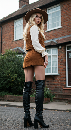 Woman in a brown suede outfit and thigh high boots posing outdoors