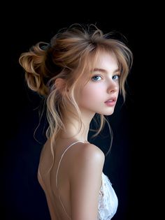 Woman with blonde hair in a messy bun wearing a white top against a dark background