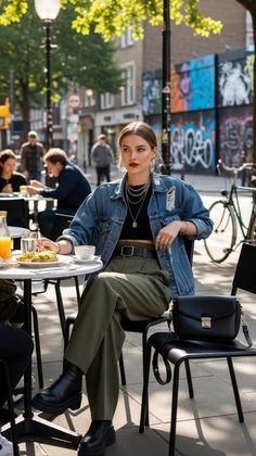 Woman in a denim jacket and olive pants at an outdoor cafe