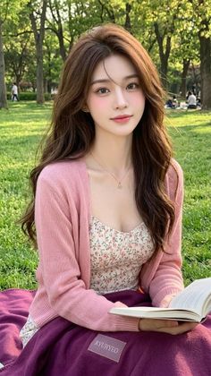 Woman with long brown hair wearing a pink cardigan and floral top, reading a book in a park