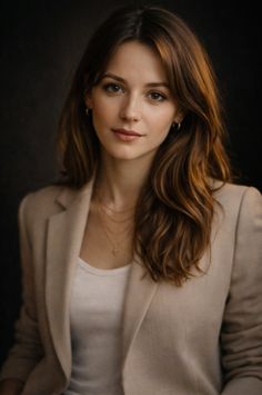 Woman with long brown hair wearing a beige blazer and layered necklaces against a dark background