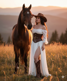 Woman in a white dress and cowboy hat with a horse at golden hour