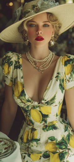 Woman in a lemon print dress and wide brim hat with a pearl necklace