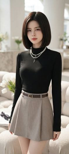 Woman with short black hair wearing a black top and mini skirt indoors