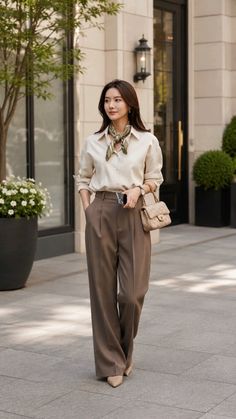 Woman in a blouse and wide leg pants with a silk scarf and quilted bag outdoors