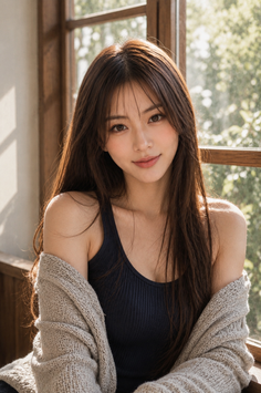 Woman with long brown hair wearing a black top and cardigan indoors