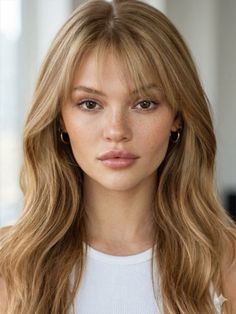 Woman with long blonde hair and freckles wearing a white top and hoop earrings