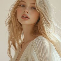 Woman with long blonde hair and freckles in a white dress with soft lighting