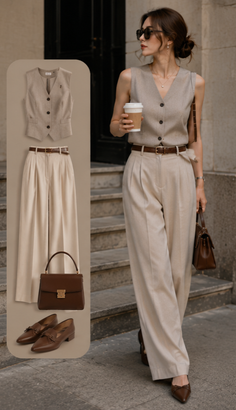 Woman in a neutral-toned vest and wide-leg pants holding a coffee cup