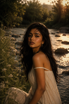 Woman with long dark hair in a white dress by a river at golden hour