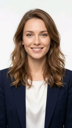 Smiling woman with long brown hair wearing a navy blazer and white shirt