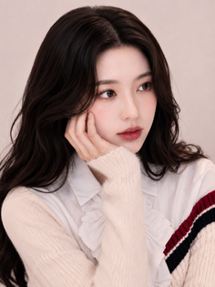 Woman with long dark hair wearing a white shirt and knitted sweater