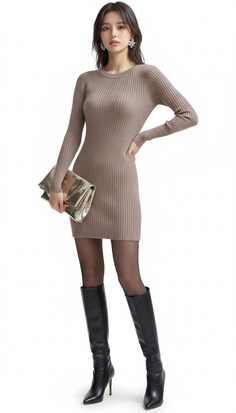 Woman in a ribbed dress, black boots, and a gold clutch on a white background