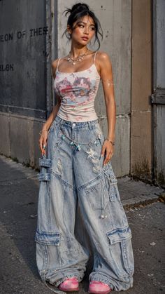 Woman in baggy jeans and a spaghetti strap top with a messy bun outdoors