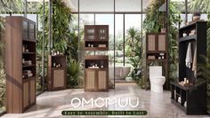 Modern bathroom with wooden cabinets and tropical plants, featuring a large window view