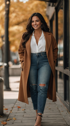 Woman in a long brown coat and ripped jeans walking outdoors with autumn leaves