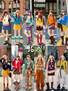 Multiple women posing in various colorful street style outfits outdoors