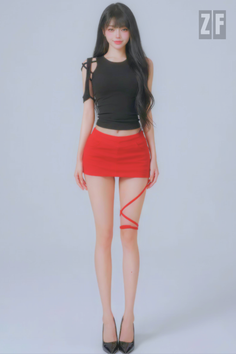 Woman with long black hair in a red mini skirt and black top