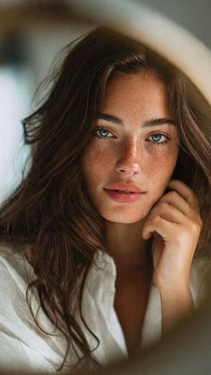 Woman with freckles and long brown hair wearing a white shirt, looking at the camera