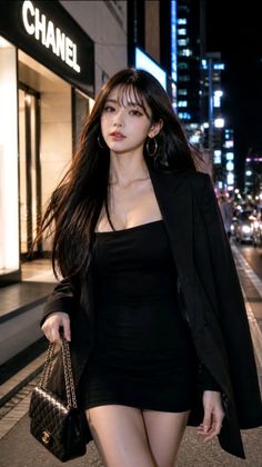 Woman in a black dress and blazer walking on a city street at night