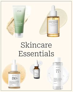 A collection of skincare products including serums, cleanser, and toner