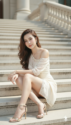 Woman in a white dress and high heels sitting on outdoor stairs