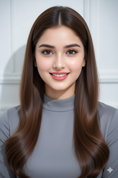 Woman with long brown hair wearing a gray top, smiling at the camera