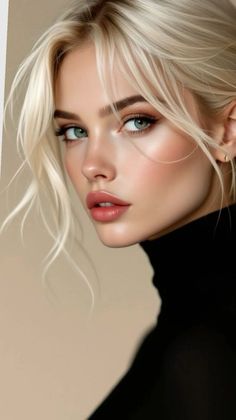 Woman with blonde hair and green eyes wearing a black turtleneck