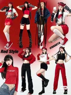 Multiple women posing in various red and black outfits