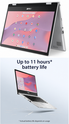 Silver ASUS Chromebook with open screen displaying app icons
