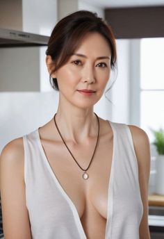Woman in a white top with deep cleavage and a necklace indoors