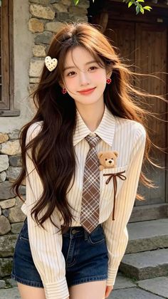 Woman with long hair wearing a striped shirt, plaid tie, and denim shorts outdoors