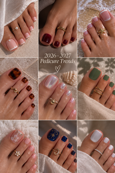 Collage of various pedicure styles with toe rings and nail art