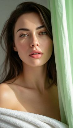 Woman with long hair and green eyes, partially covered by a green curtain and white towel