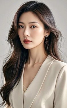 Woman with long brown hair wearing a light blazer and earrings