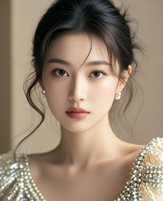 Woman with an updo and pearl earrings wearing a sparkling dress